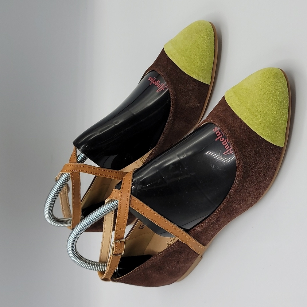 Seychelles Brown Suede Flats with Lime Green Cap Toe and Tan Straps